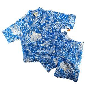 Vtg NOS 80s 90s Two Potato Resort Wear Button Down Shirt + Shorts Set S Blue